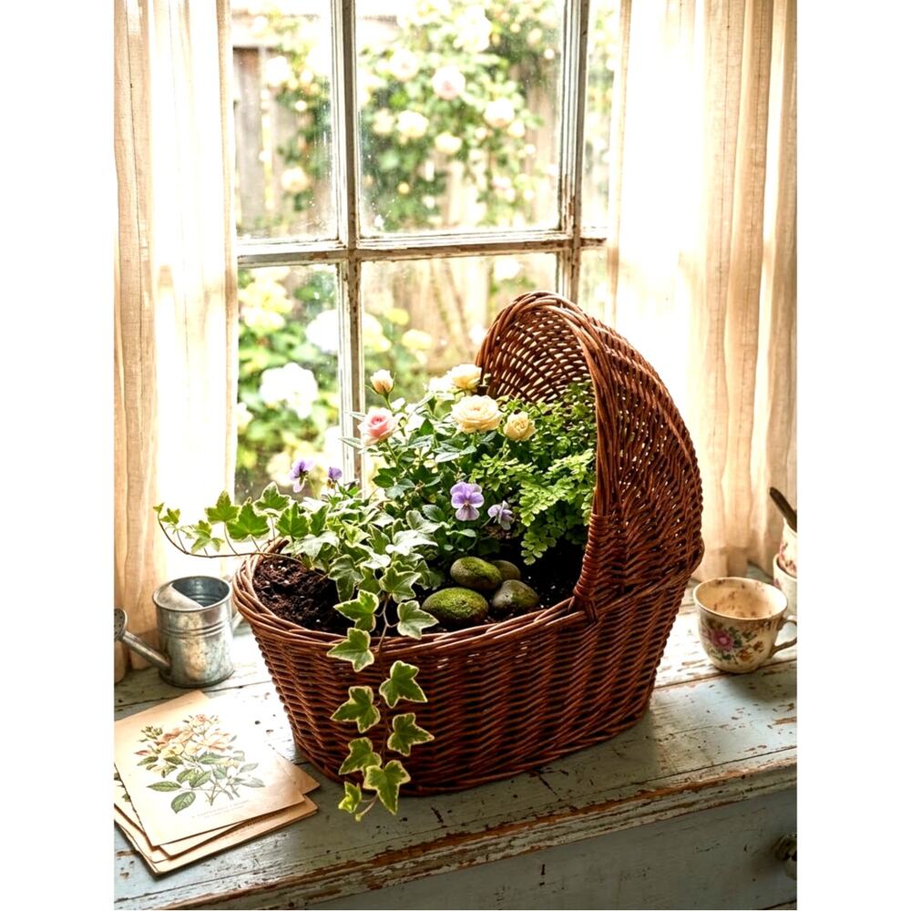 Handwoven brown wicker basket bassinet cradle pram basket small pet bed VTG